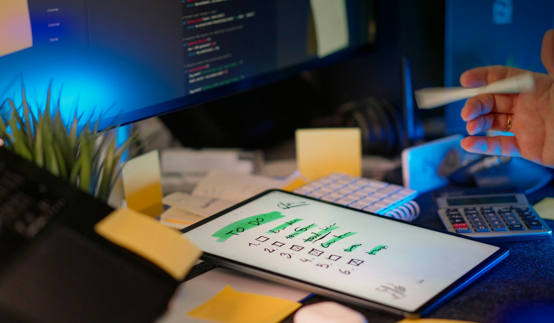 Developer workspace with multiple screens